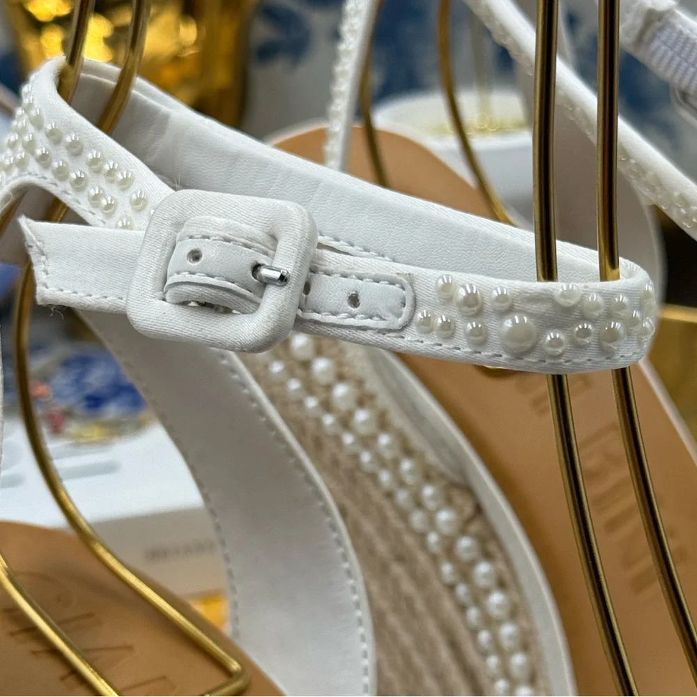 🆕 GIANNI BINI 🧿 NWOB Savanna Pearl Ornamented Platform Wedge Sandals, Sz 8.5